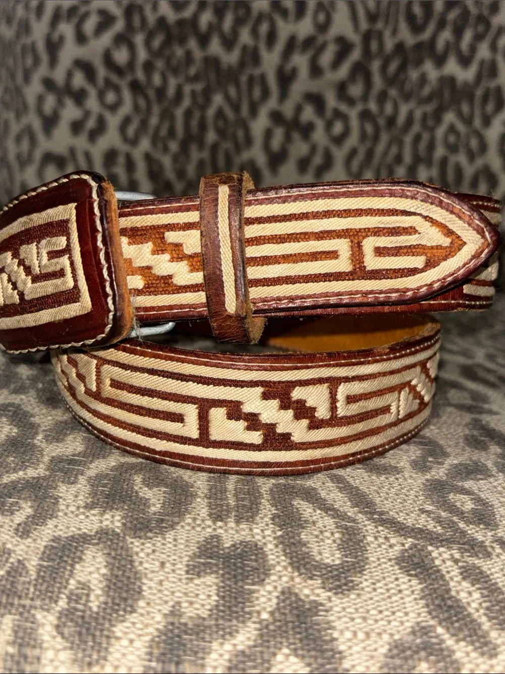 Western embroidered charro cowboy belt cream brown leather Aztec geometric 34